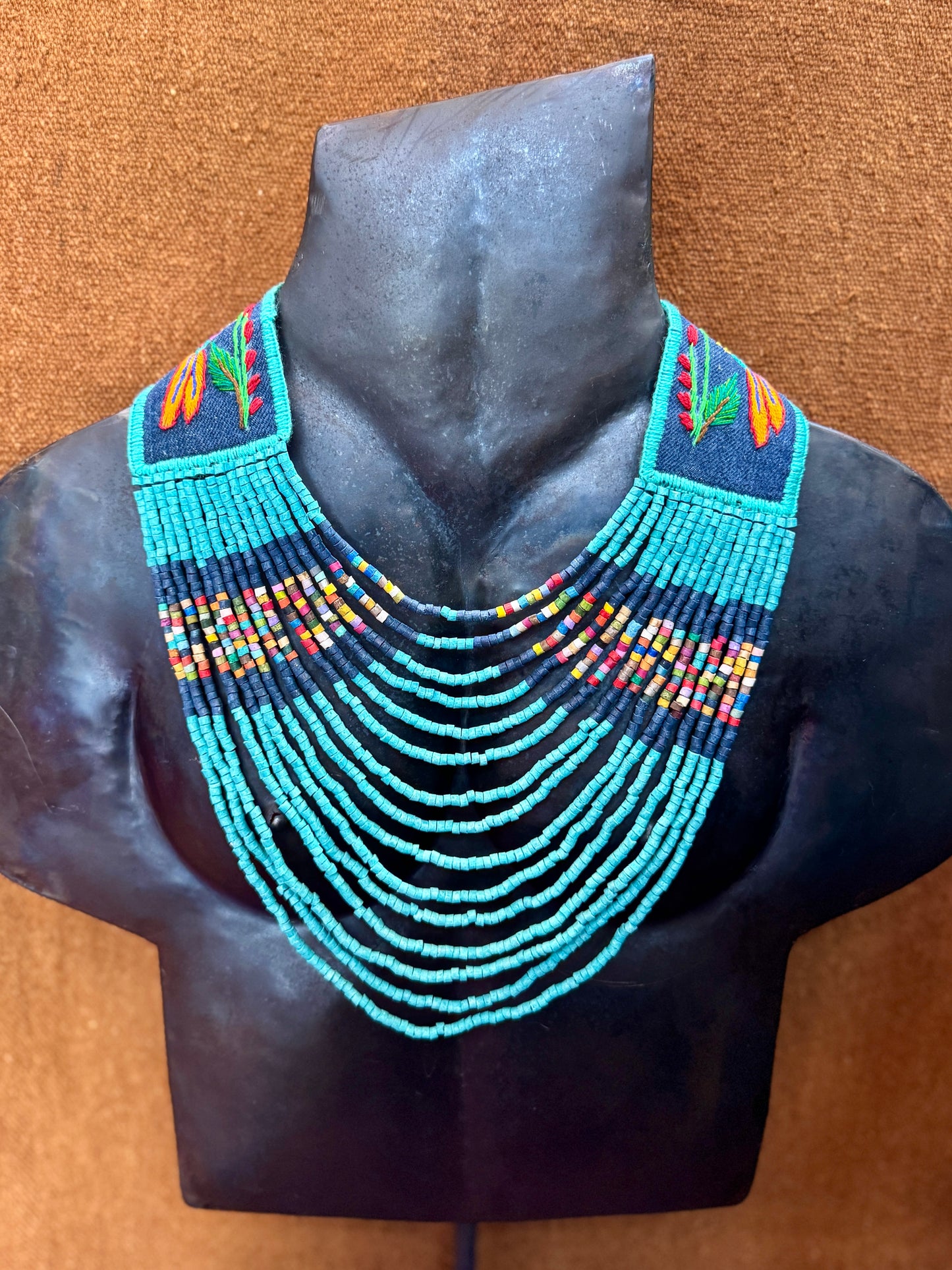 Adjustable Necklace with Guatemalan Bird Colibri Embroidery from Santiago with Ceramic Beads, celeste