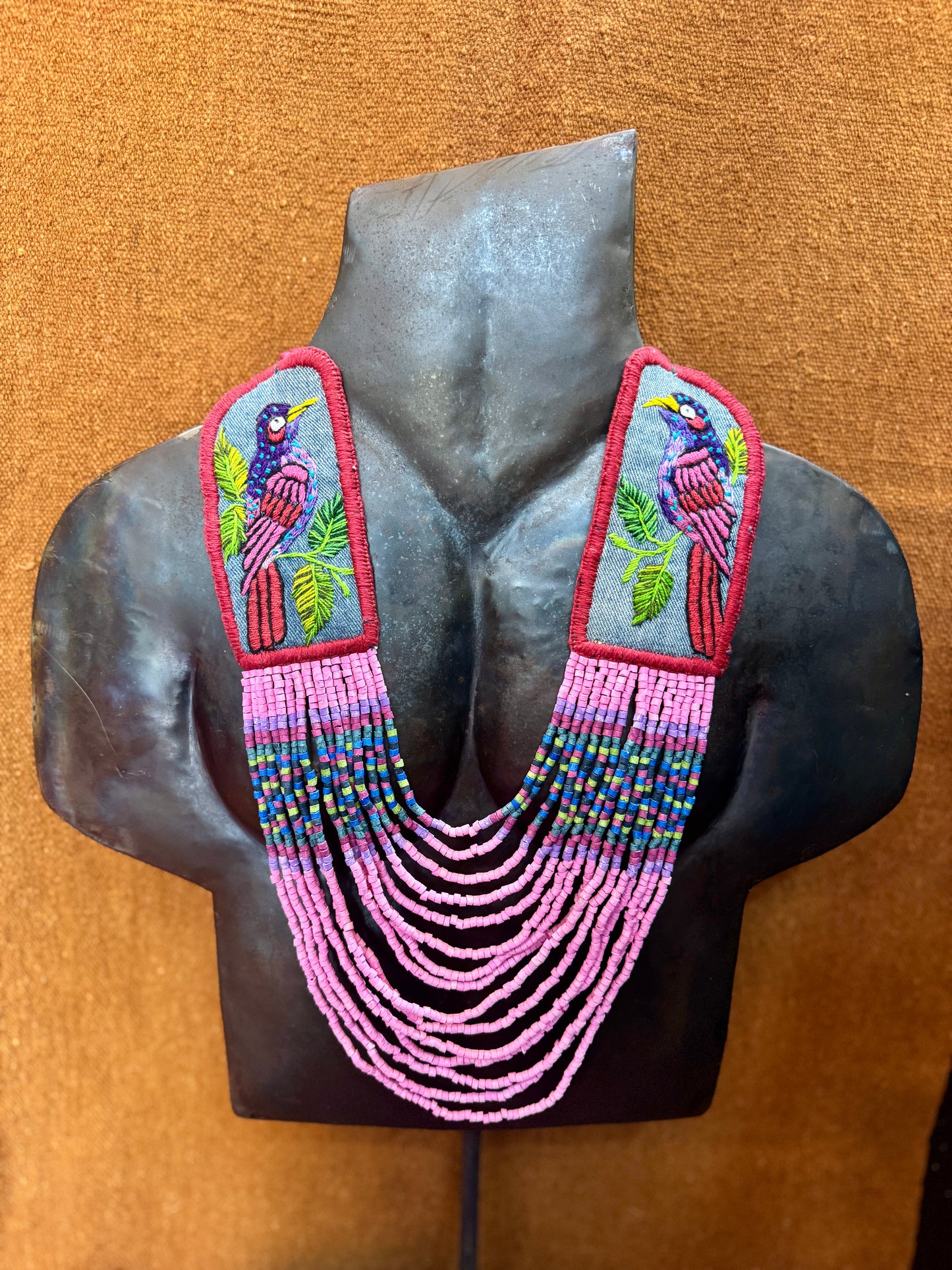 Adjustable Necklace with Guatemalan Bird Embroidery from Santiago with Ceramic Beads, pink