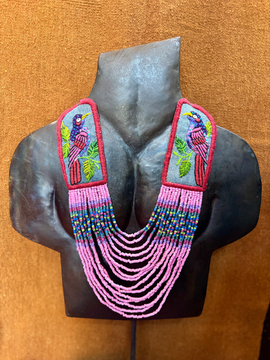Adjustable Necklace with Guatemalan Bird Embroidery from Santiago with Ceramic Beads, pink