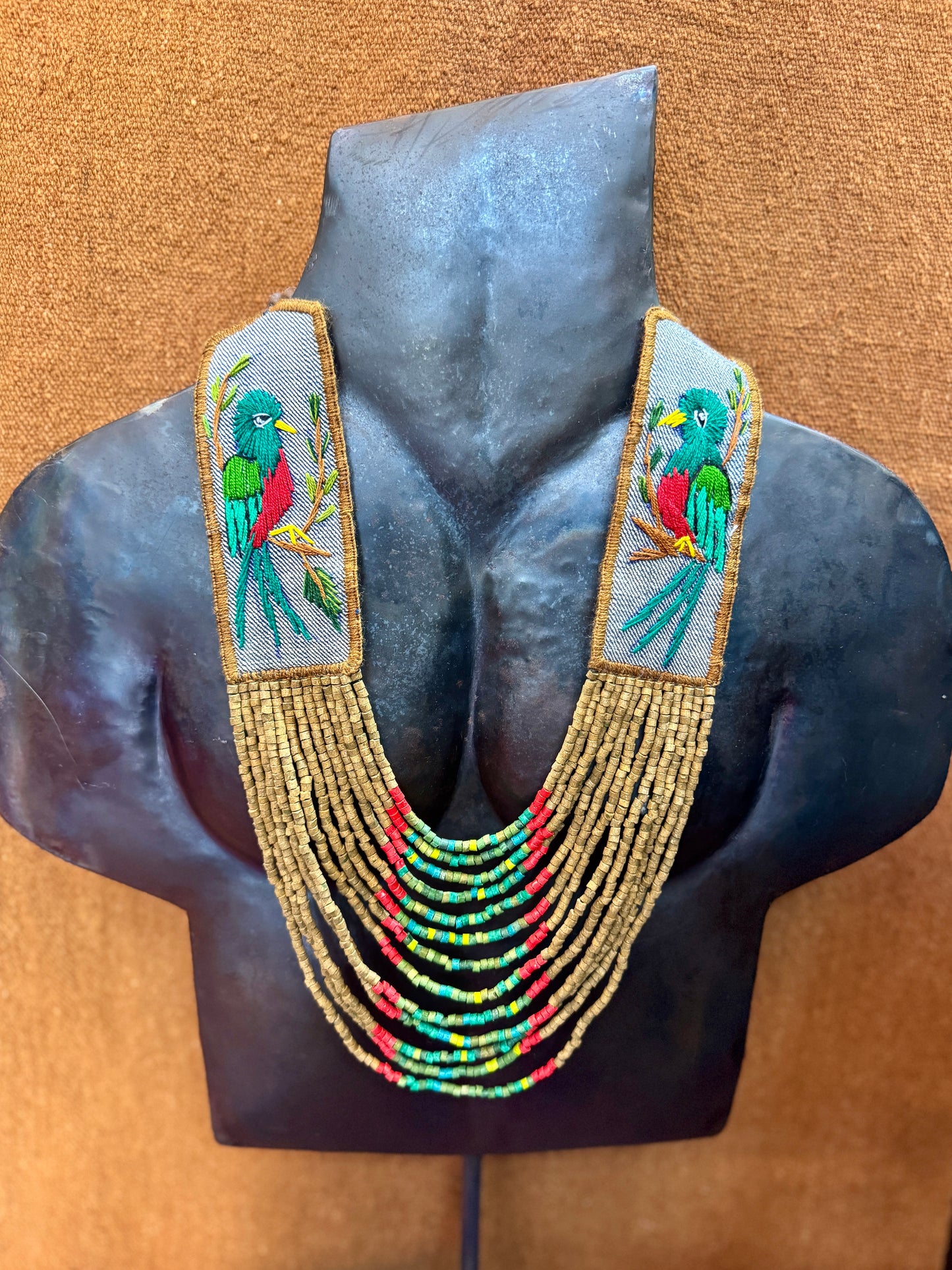 Adjustable Necklace with Guatemalan Bird Quetzal Embroidery from Santiago with Ceramic Beads, verde cafe