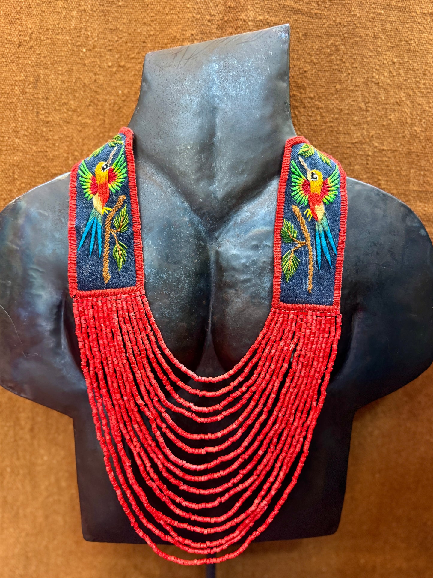 Adjustable Necklace with Guatemalan Bird Colibri Embroidery from Santiago with Ceramic Beads, red