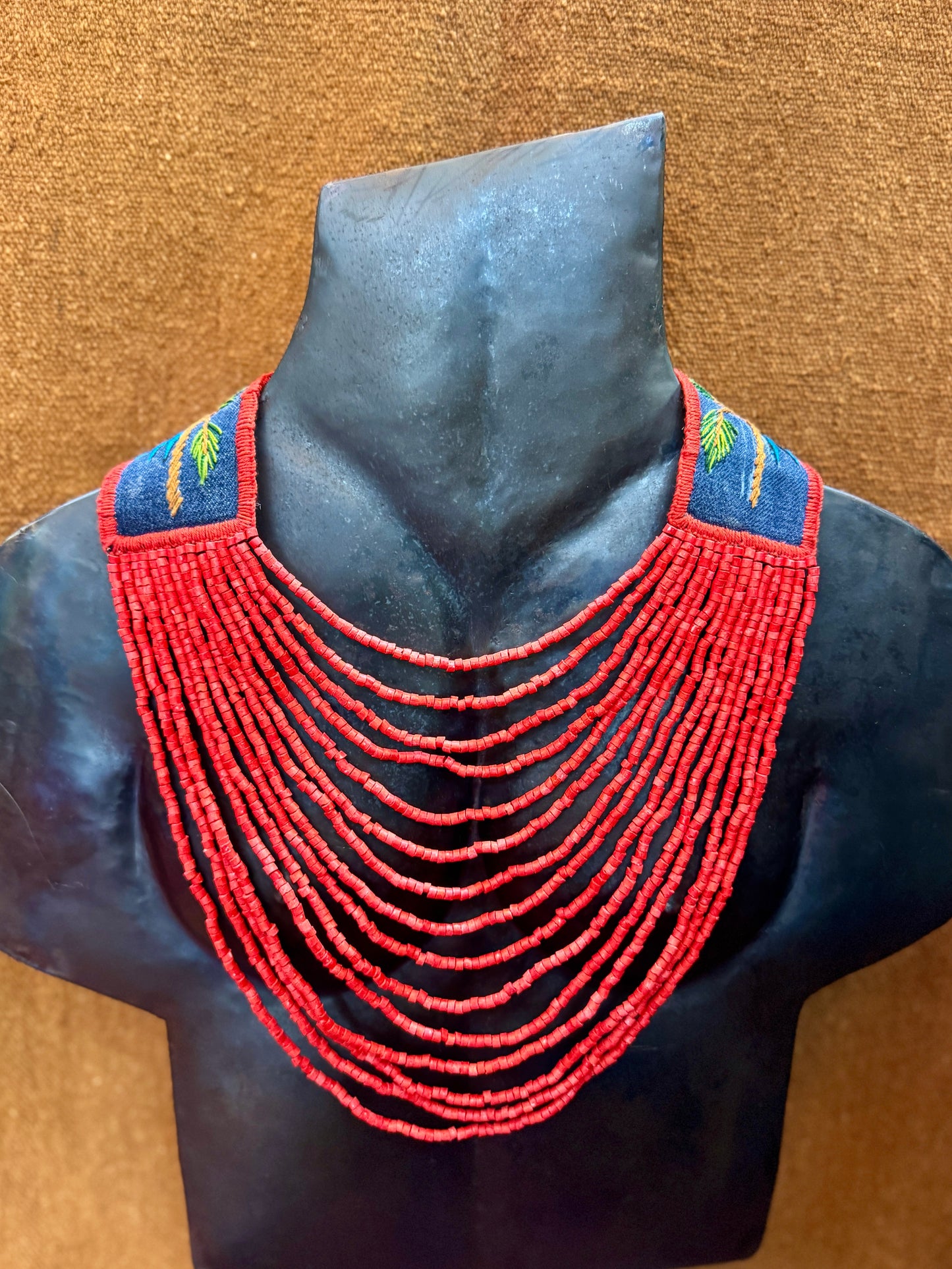 Adjustable Necklace with Guatemalan Bird Colibri Embroidery from Santiago with Ceramic Beads, red
