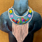 Bib Necklace with Guatemalan Bird Embroidery from Santiago with Ceramic Bead Fringes, pink