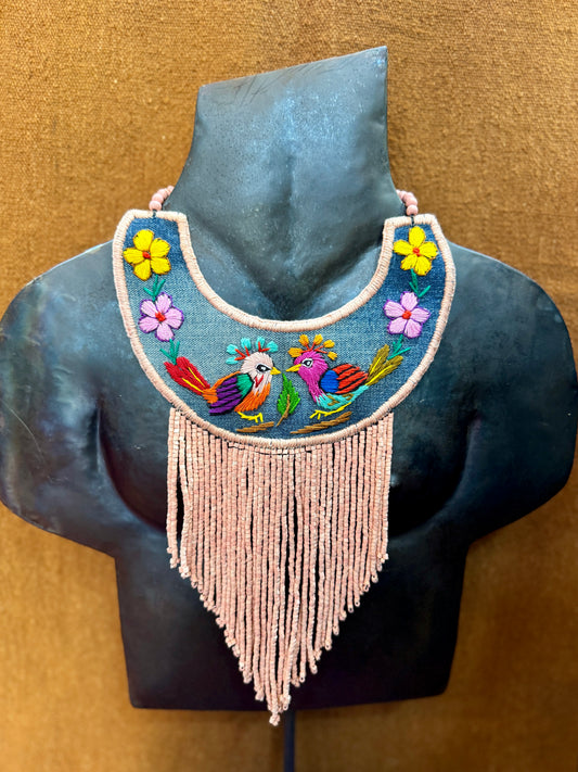 Bib Necklace with Guatemalan Bird Embroidery from Santiago with Ceramic Bead Fringes, pink
