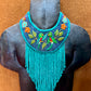 Bib Necklace with Guatemalan Bird Embroidery from Santiago with Ceramic Bead Fringes, celeste