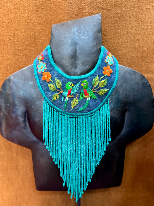 Bib Necklace with Guatemalan Bird Embroidery from Santiago with Ceramic Bead Fringes, celeste
