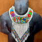 Bib Necklace with Guatemalan Butterfly Embroidery from Santiago with Ceramic Bead Fringes, white/denim