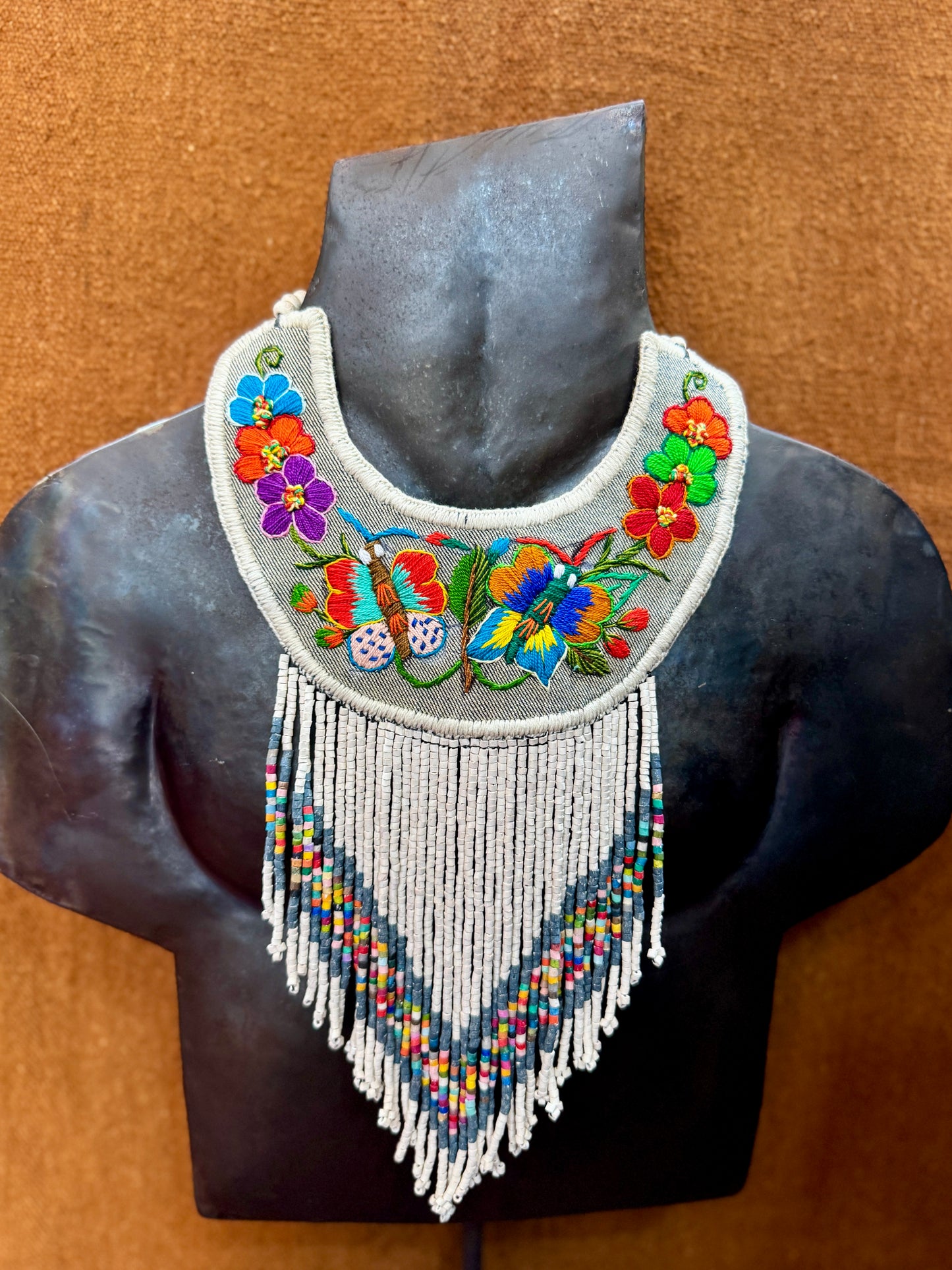 Bib Necklace with Guatemalan Butterfly Embroidery from Santiago with Ceramic Bead Fringes, white/denim