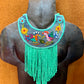 Bib Necklace with Guatemalan Bird Quetzales Embroidery from Santiago with Ceramic Bead Fringes, turquesa