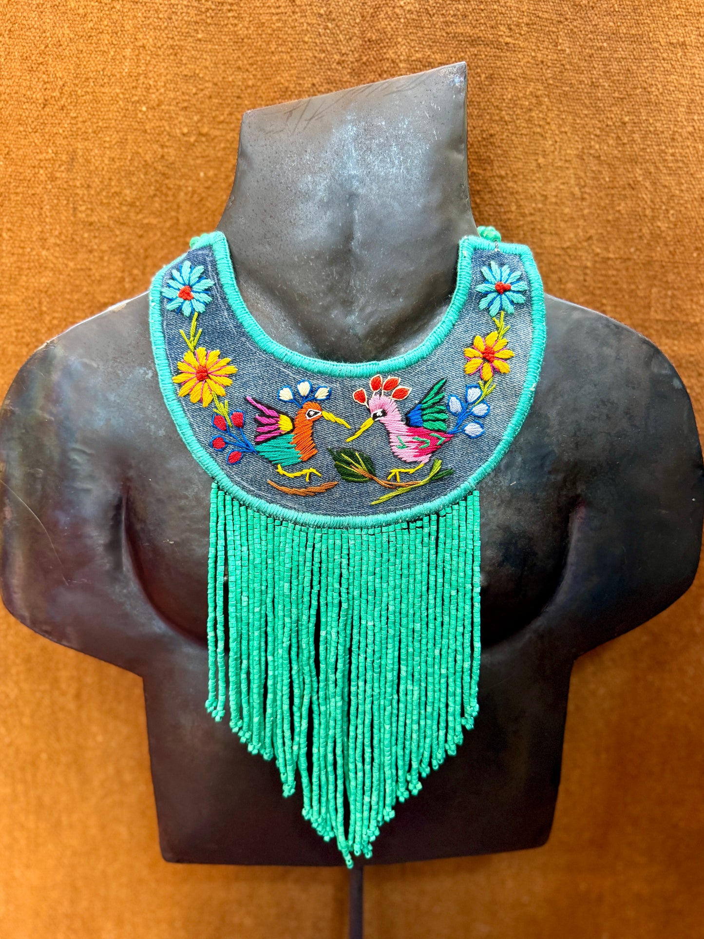 Bib Necklace with Guatemalan Bird Quetzales Embroidery from Santiago with Ceramic Bead Fringes, turquesa
