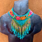 Bib Necklace with Guatemalan Floral Embroidery from Patzun with Ceramic Bead Fringes, turquoise & green