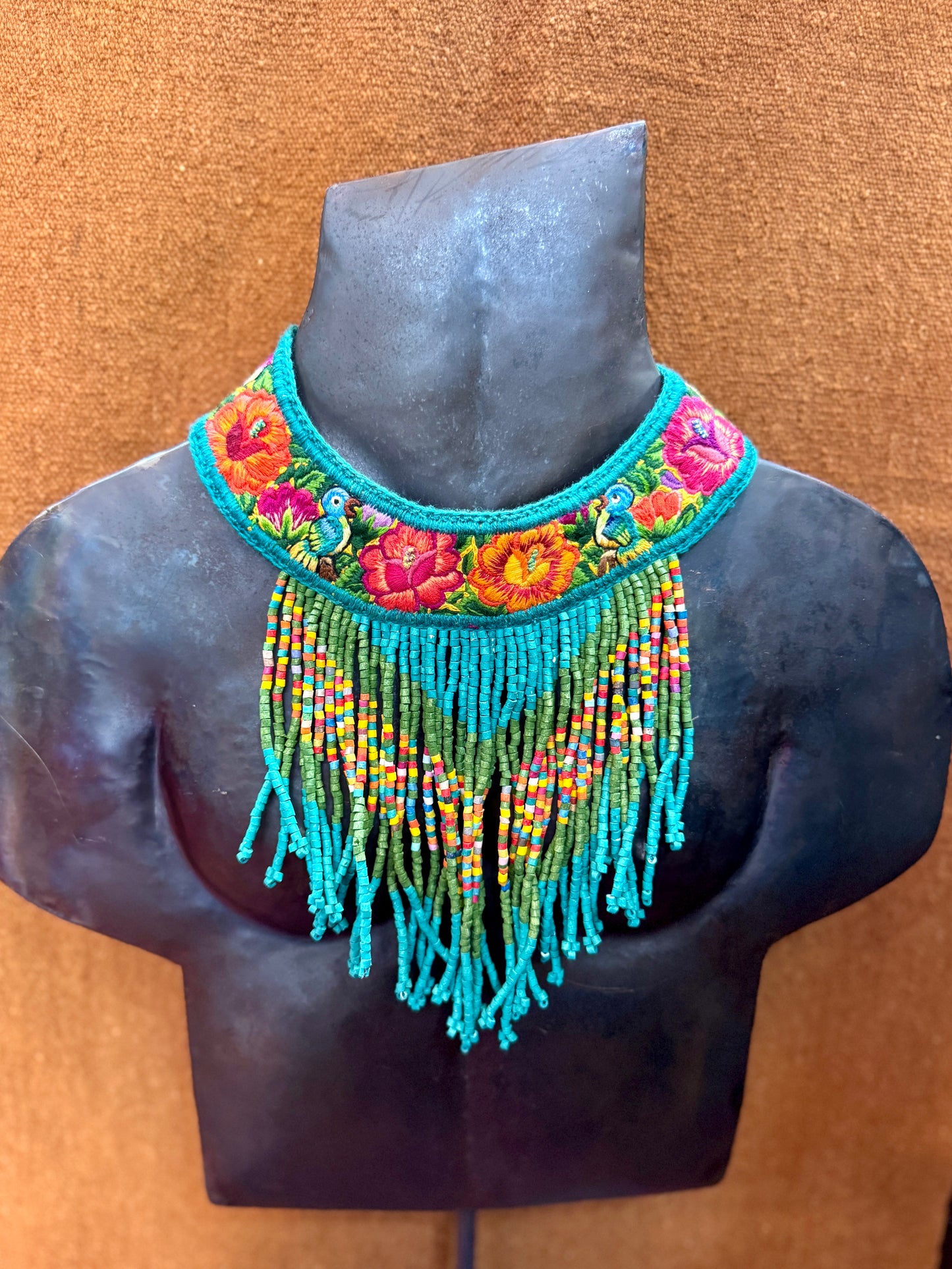 Bib Necklace with Guatemalan Floral Embroidery from Patzun with Ceramic Bead Fringes, turquoise & green