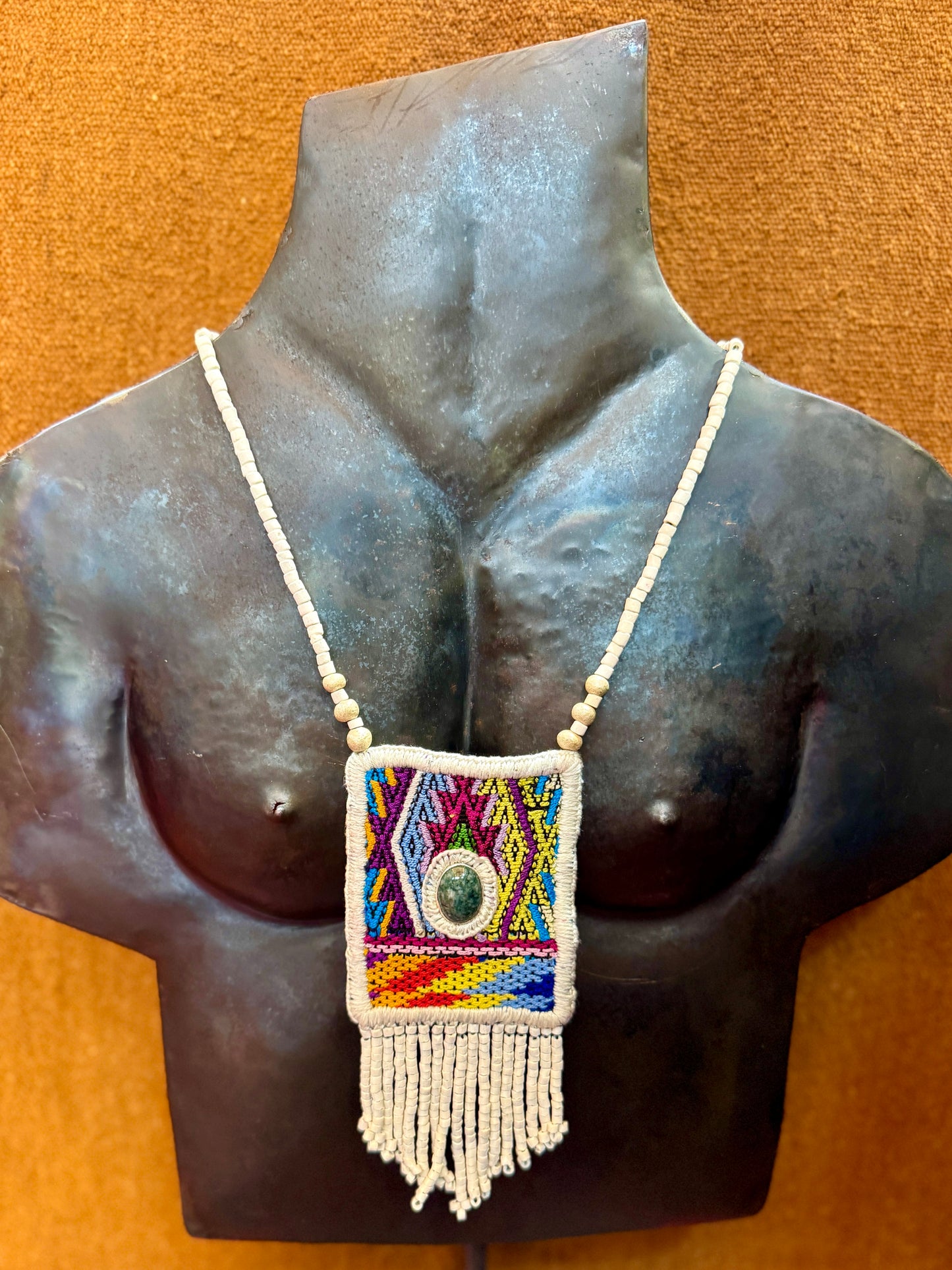 Vintage Chichicastenango Textile Pendant Necklace with Jade & Bead Fringe, white/multicolor