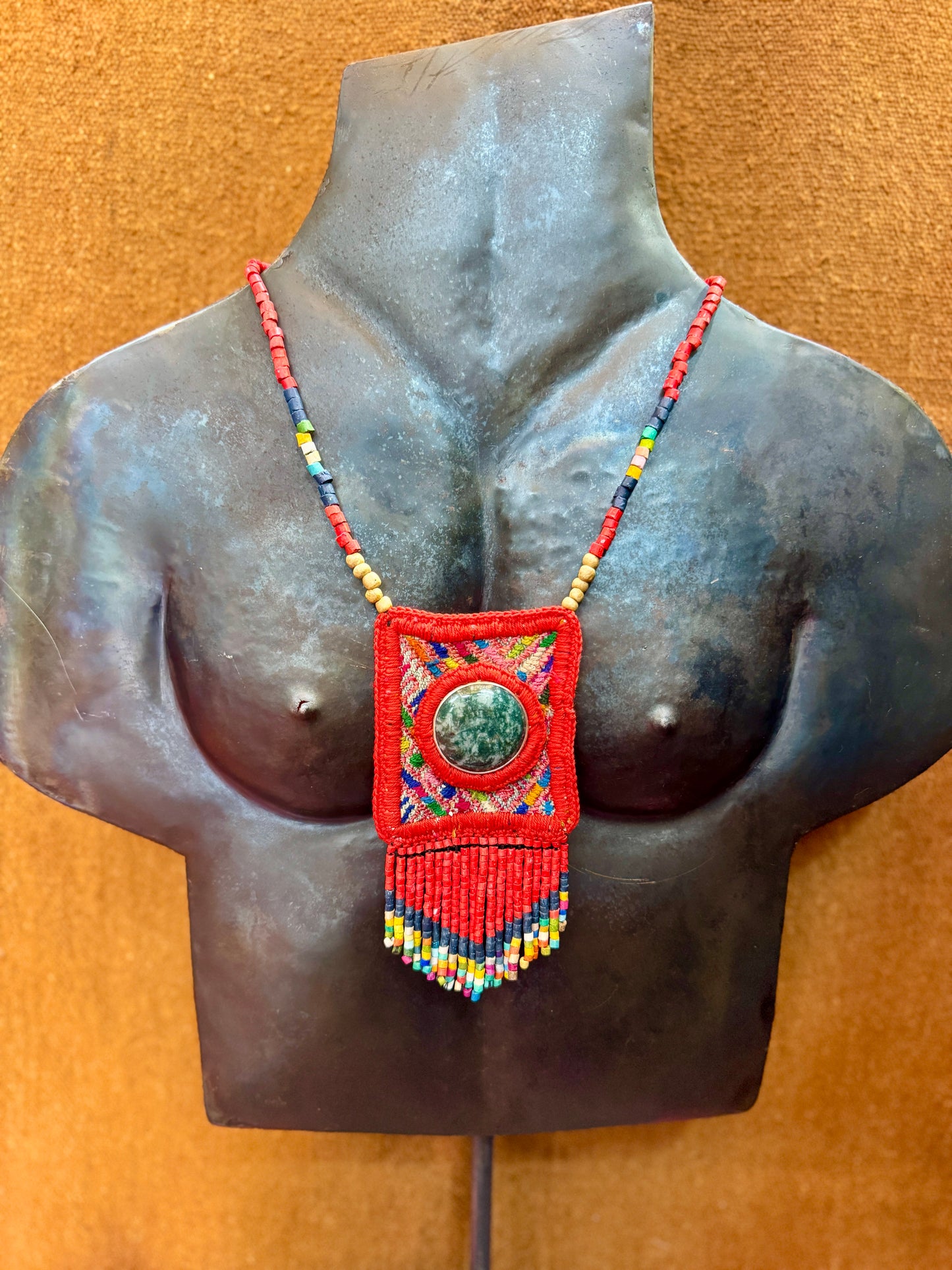 Vintage Chichicastenango Textile Pendant Necklace with Jade & Bead Fringe, red