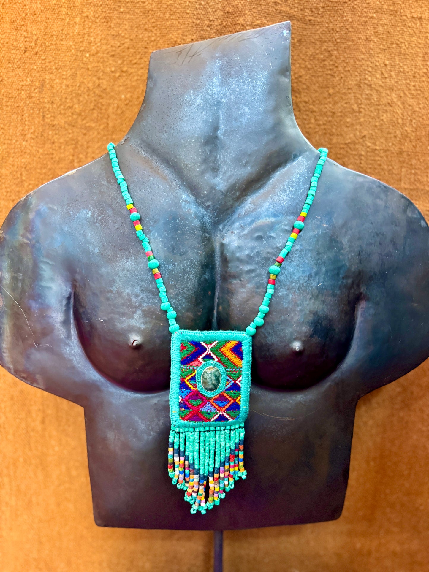 Vintage Chichicastenango Textile Pendant Necklace with Jade & Bead Fringe, turquoise green jade
