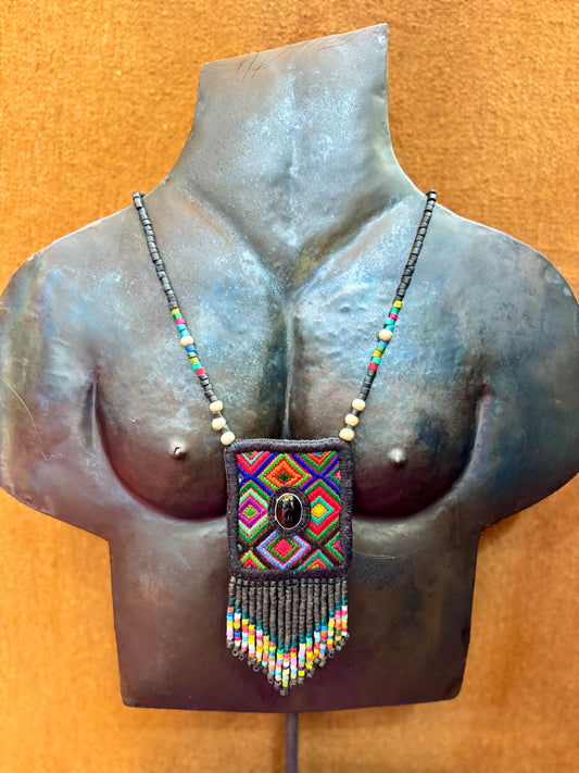 Vintage Chichicastenango Textile Pendant Necklace with Jade & Bead Fringe, black