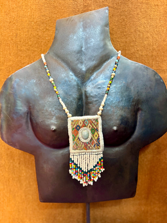Vintage Chichicastenango Textile Pendant Necklace with Jade & Bead Fringe, white pastels