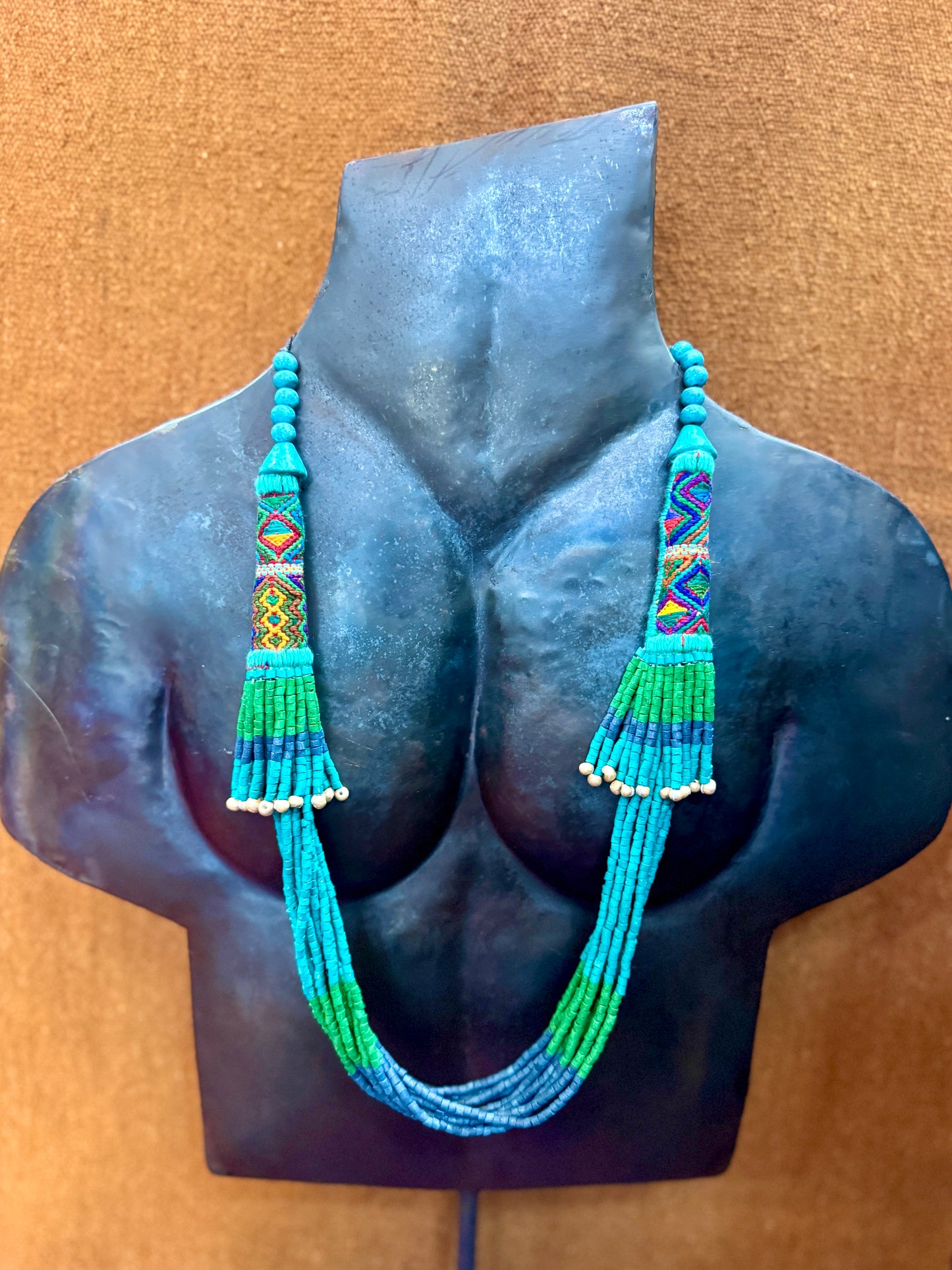 Multi-Strand Ceramic Bead with Ceremonial Textile Necklace, turquoise