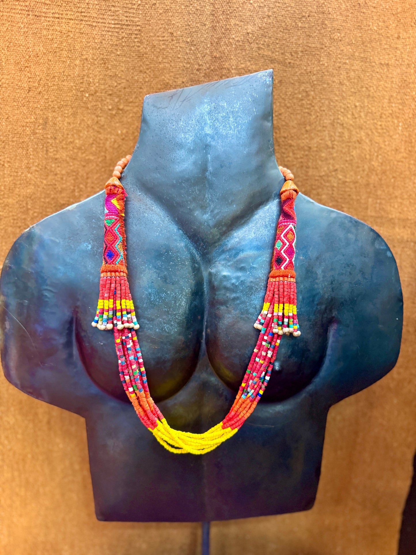 Multi-Strand Ceramic Bead with Ceremonial Textile Necklace, red & yellow