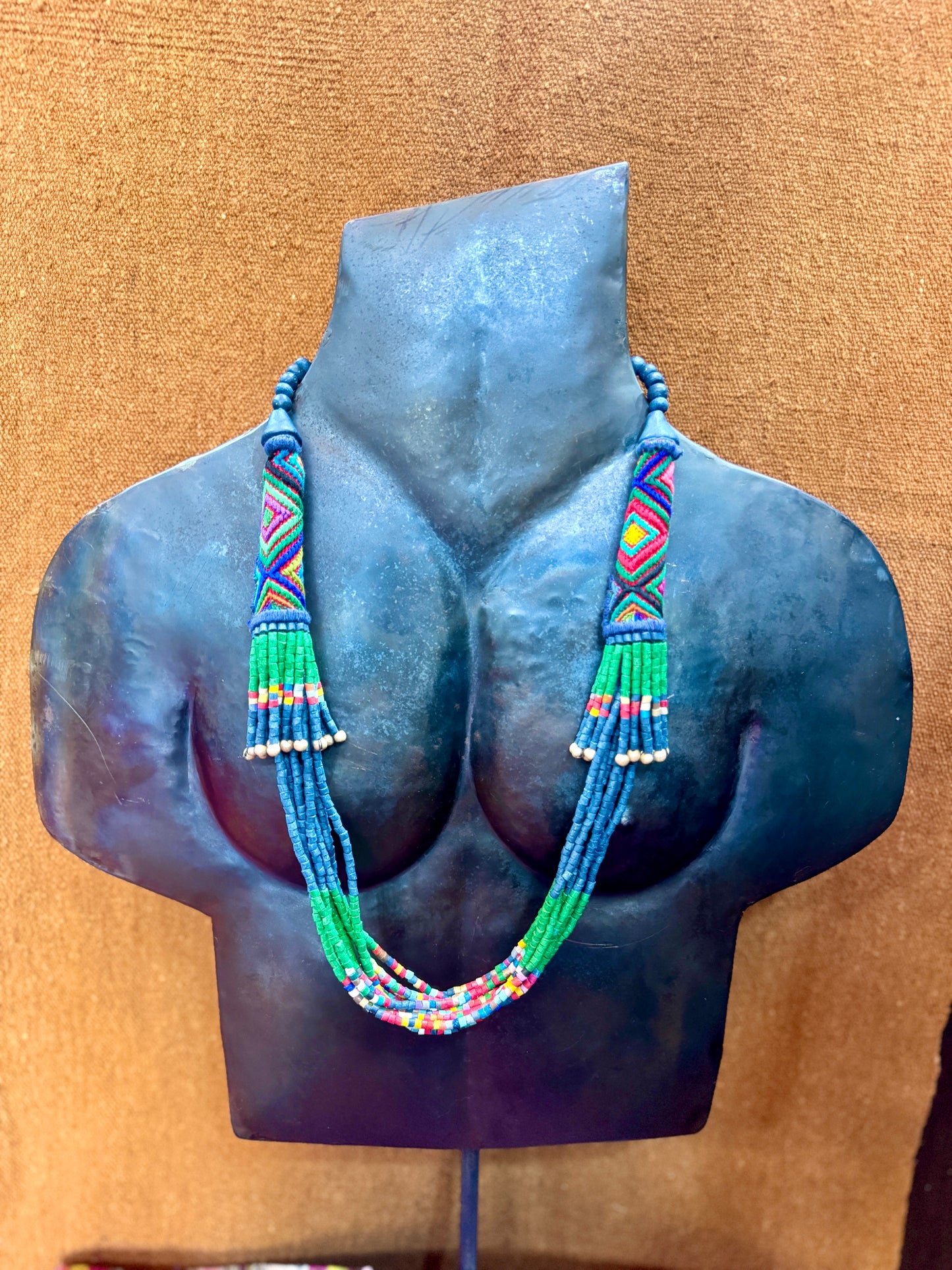 Multi-Strand Ceramic Bead with Ceremonial Textile Necklace, navy & green