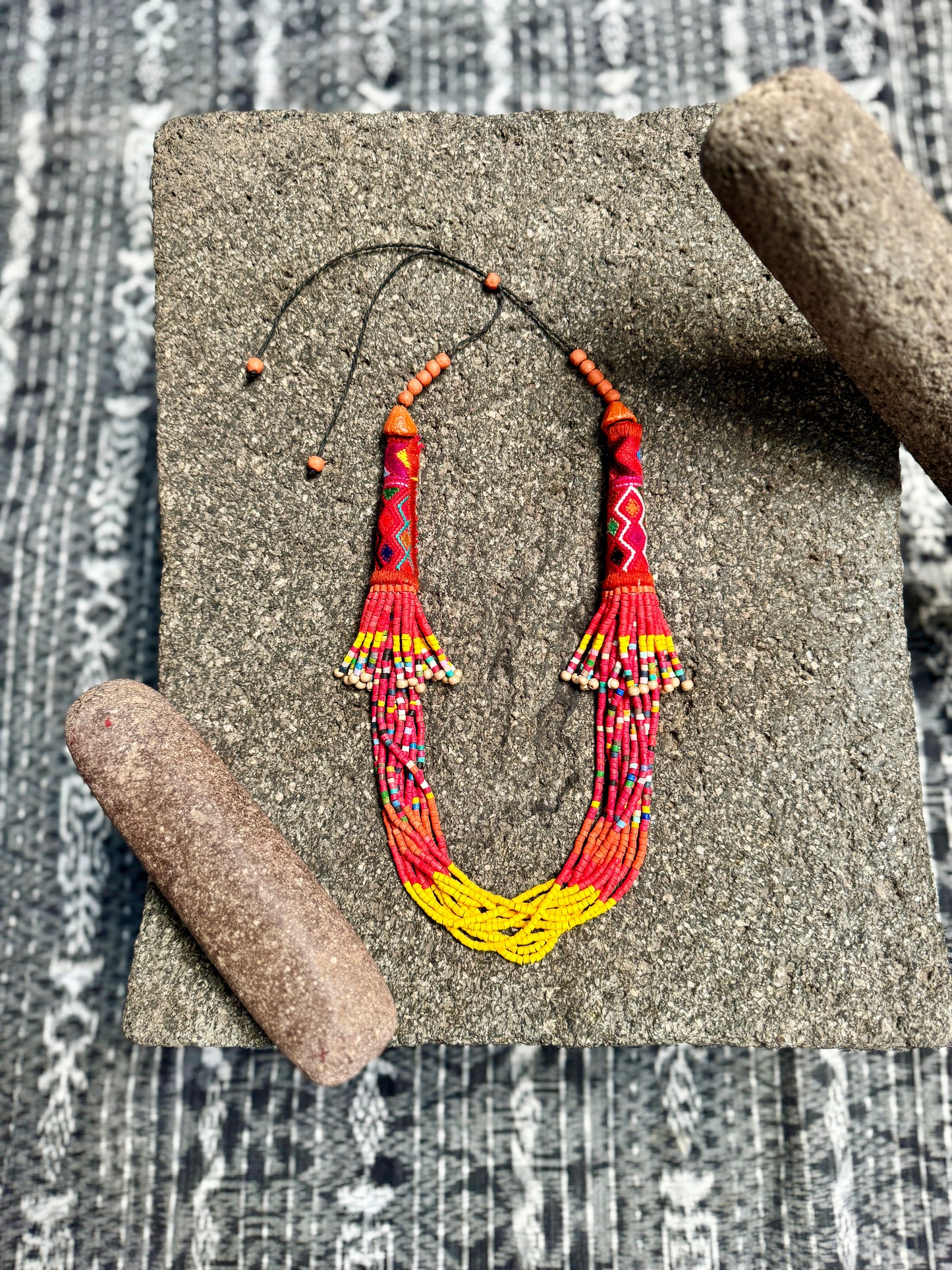 Multi-Strand Ceramic Bead with Ceremonial Textile Necklace, red & yellow