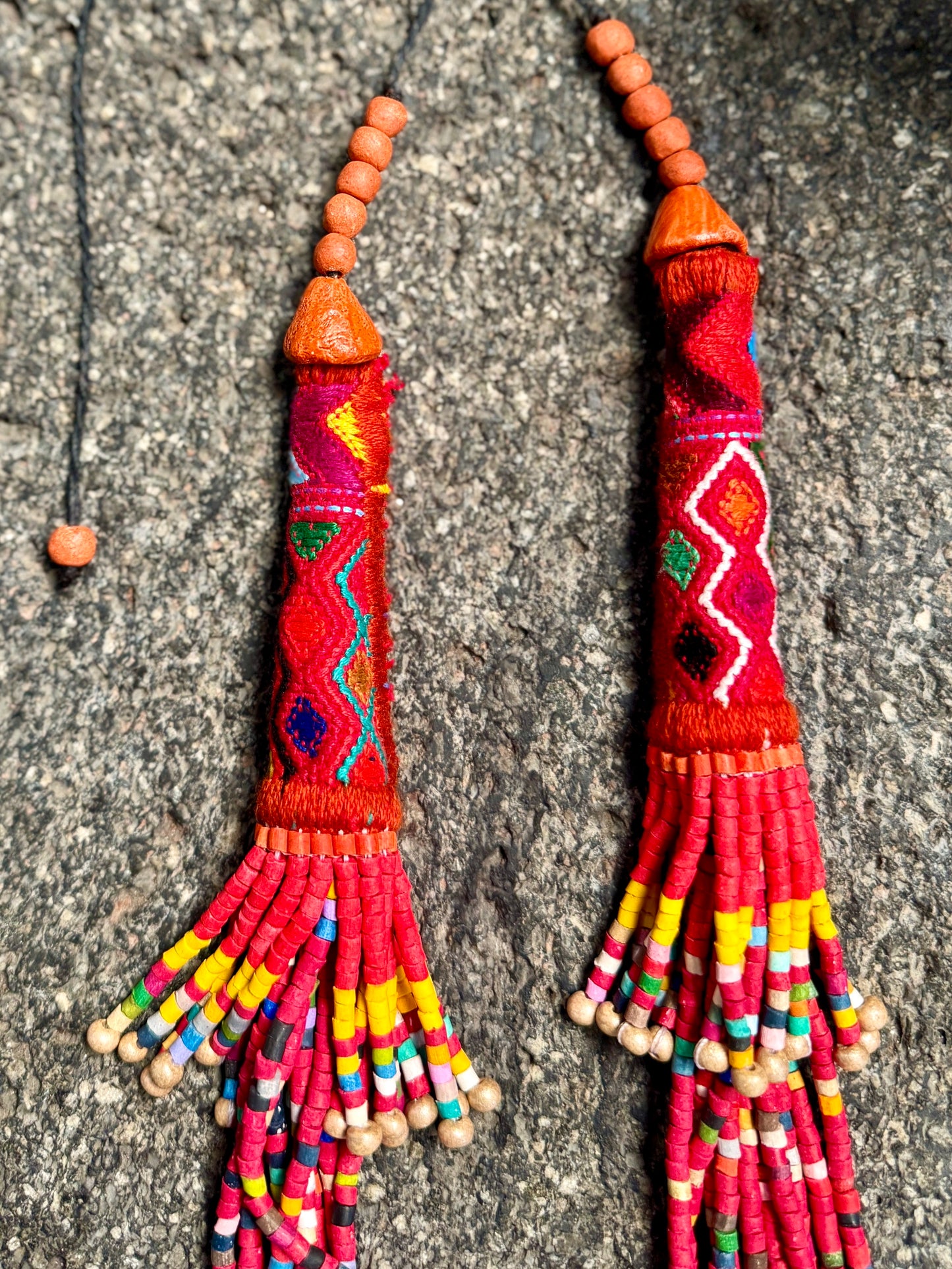 Multi-Strand Ceramic Bead with Ceremonial Textile Necklace, red & yellow