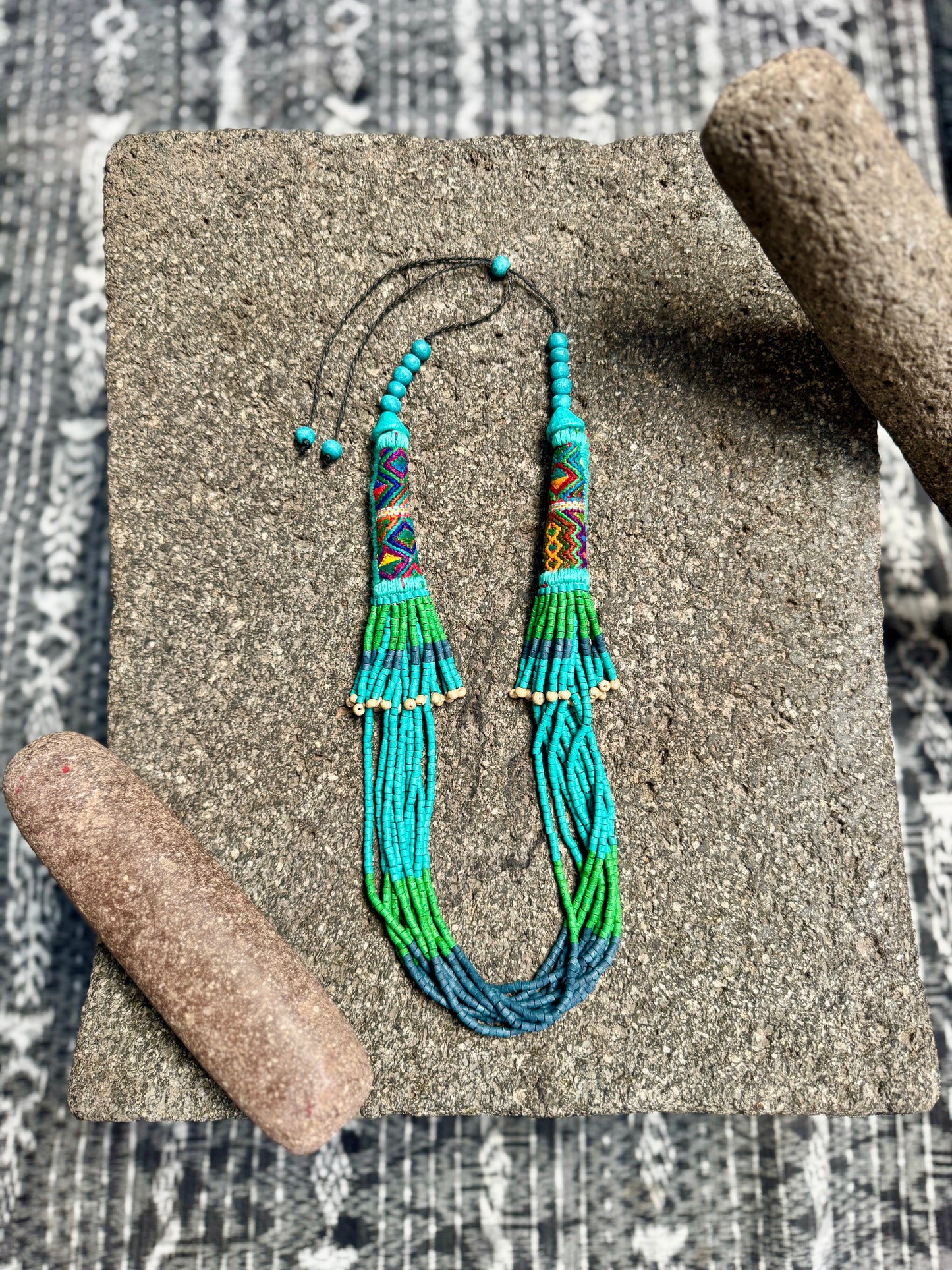 Multi-Strand Ceramic Bead with Ceremonial Textile Necklace, turquoise