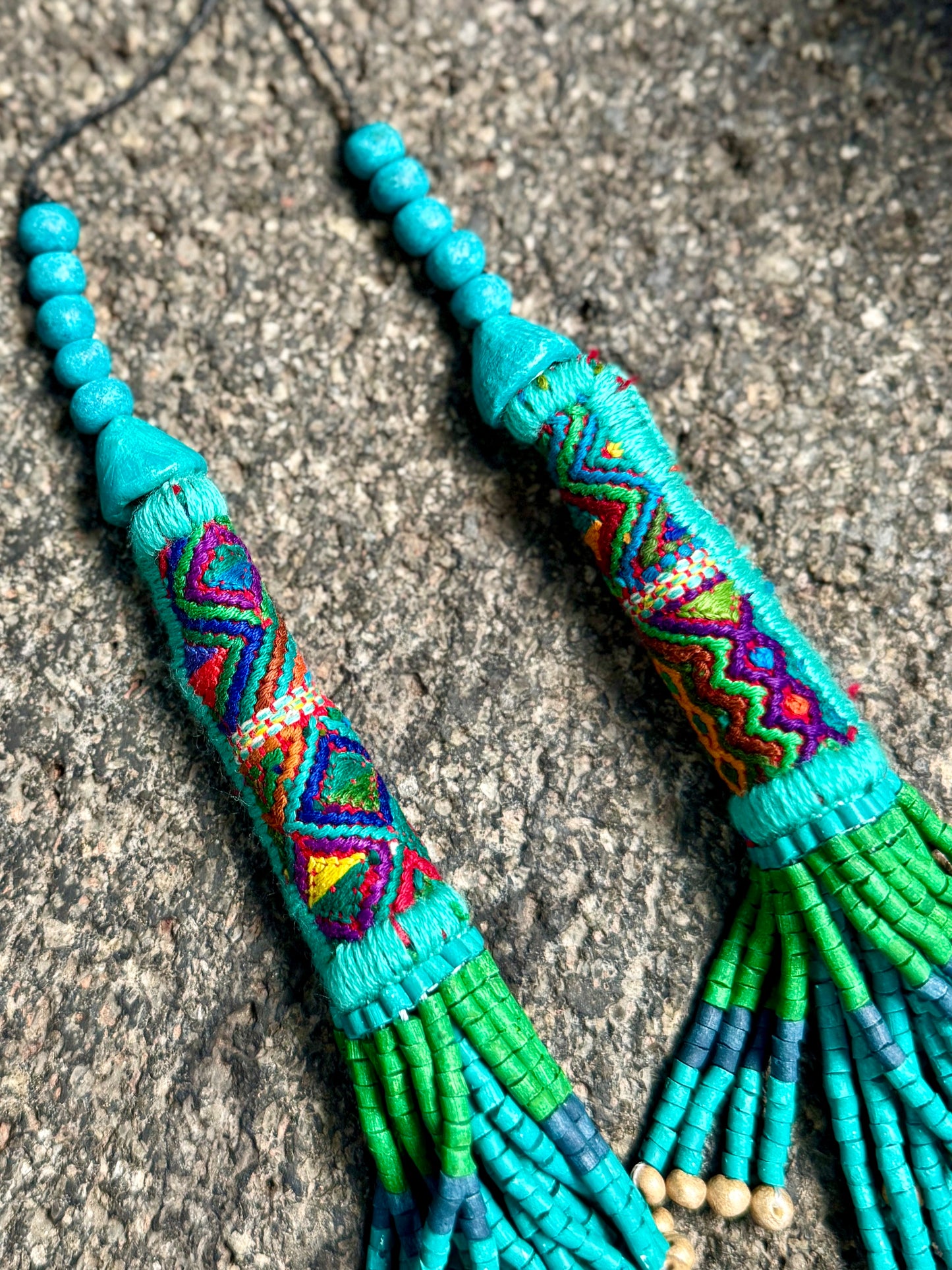 Multi-Strand Ceramic Bead with Ceremonial Textile Necklace, turquoise
