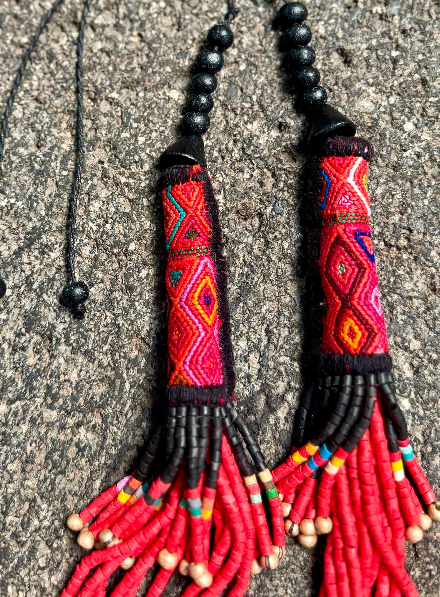 Multi-Strand Ceramic Bead with Ceremonial Textile Necklace, red & black