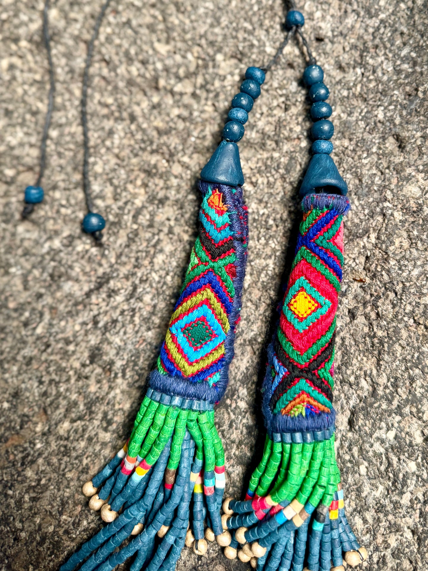 Multi-Strand Ceramic Bead with Ceremonial Textile Necklace, navy & green