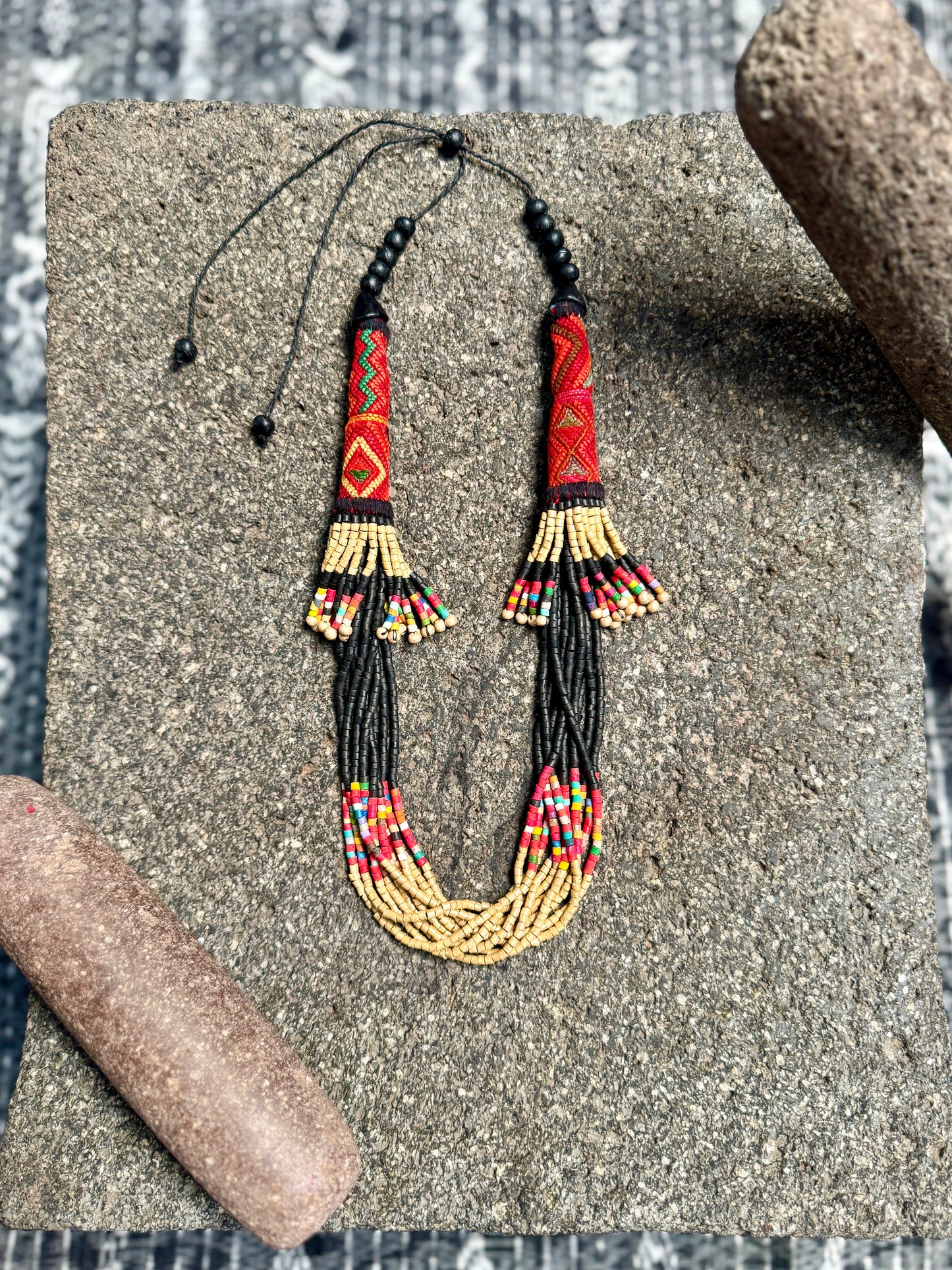 Multi-Strand Ceramic Bead with Ceremonial Textile Necklace, black & gold