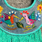 Bib Necklace with Guatemalan Bird Quetzales Embroidery from Santiago with Ceramic Bead Fringes, turquesa
