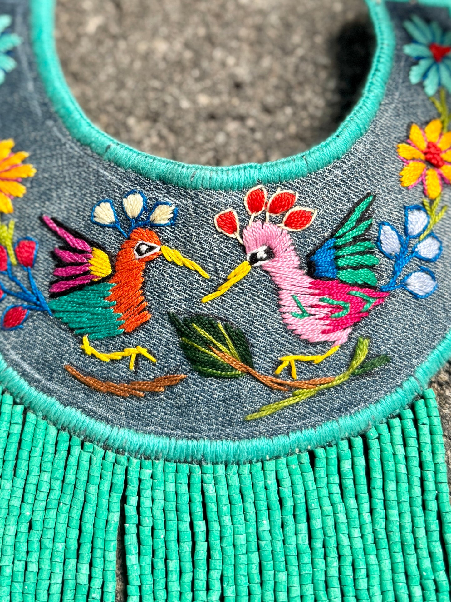 Bib Necklace with Guatemalan Bird Quetzales Embroidery from Santiago with Ceramic Bead Fringes, turquesa