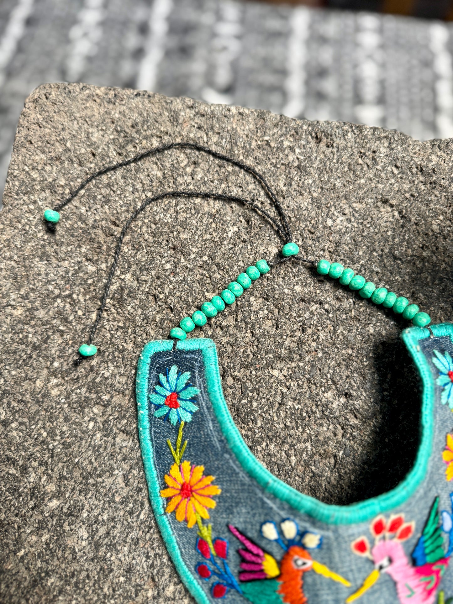 Bib Necklace with Guatemalan Bird Quetzales Embroidery from Santiago with Ceramic Bead Fringes, turquesa