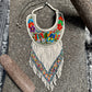 Bib Necklace with Guatemalan Butterfly Embroidery from Santiago with Ceramic Bead Fringes, white/denim