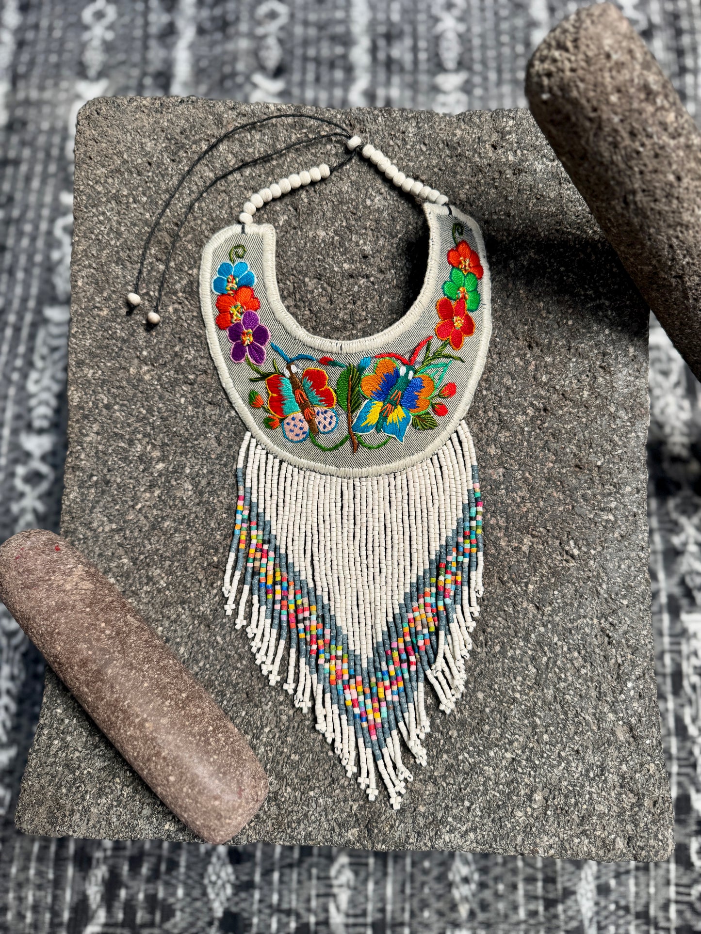 Bib Necklace with Guatemalan Butterfly Embroidery from Santiago with Ceramic Bead Fringes, white/denim