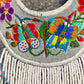 Bib Necklace with Guatemalan Butterfly Embroidery from Santiago with Ceramic Bead Fringes, white/denim
