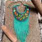 Bib Necklace with Guatemalan Bird Quetzales Embroidery from Santiago with Ceramic Bead Fringes, turquesa