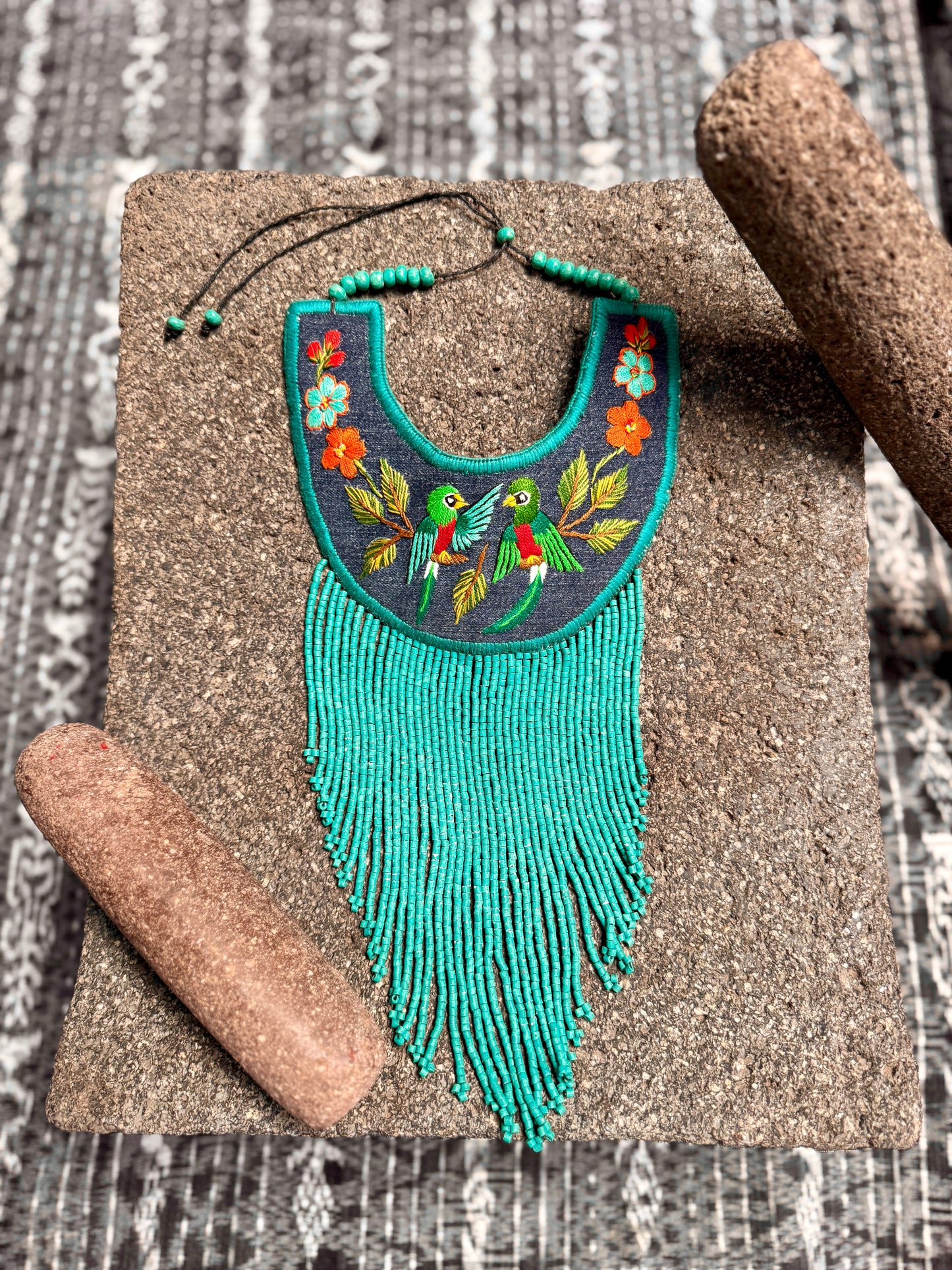 Bib Necklace with Guatemalan Bird Quetzales Embroidery from Santiago with Ceramic Bead Fringes, turquesa