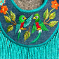 Bib Necklace with Guatemalan Bird Embroidery from Santiago with Ceramic Bead Fringes, celeste