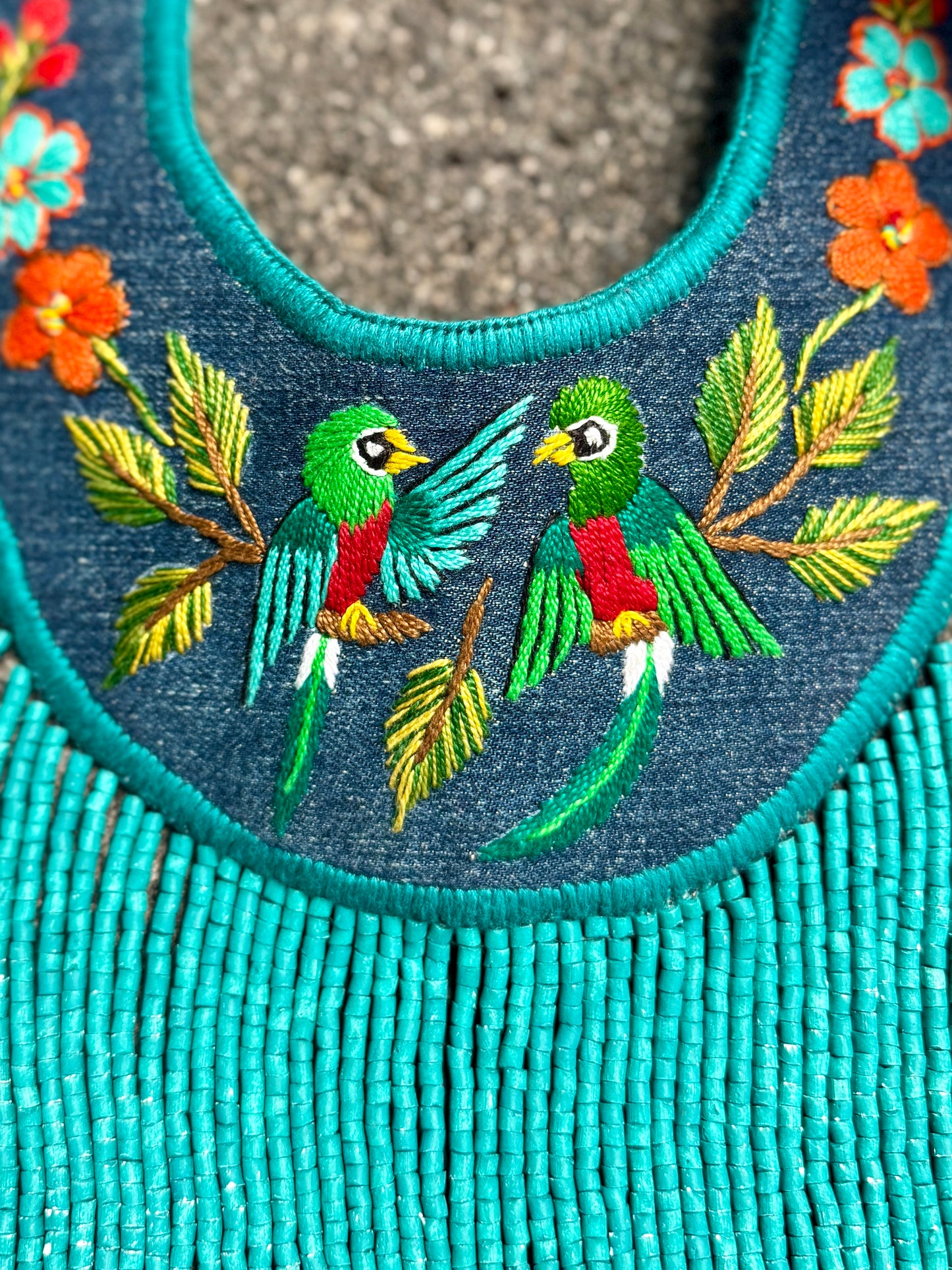 Bib Necklace with Guatemalan Bird Embroidery from Santiago with Ceramic Bead Fringes, celeste