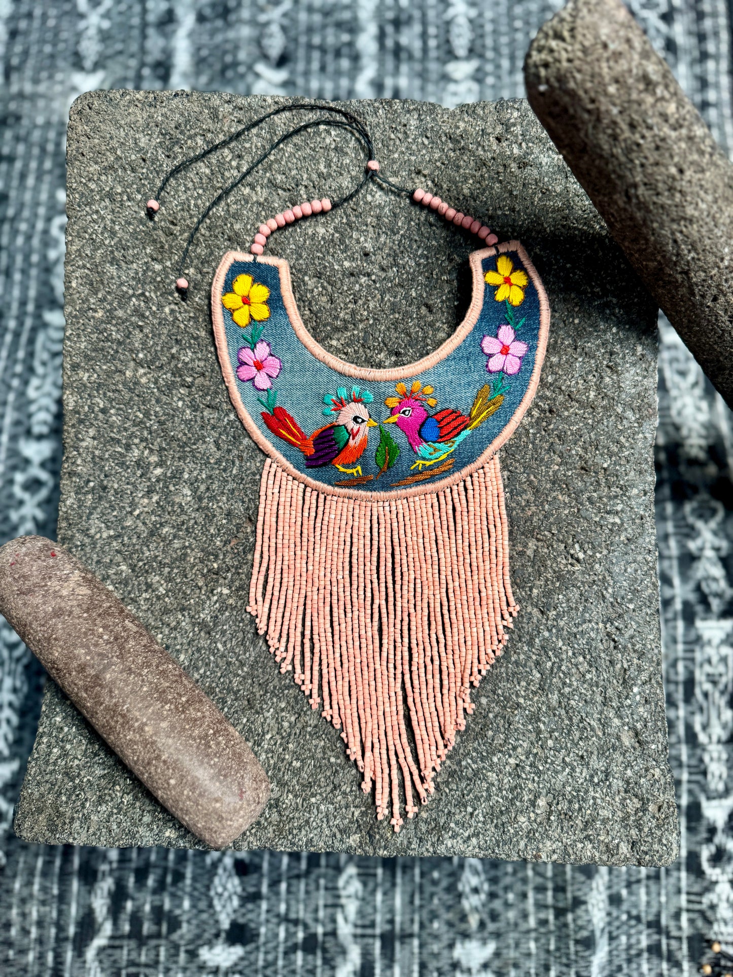 Bib Necklace with Guatemalan Bird Embroidery from Santiago with Ceramic Bead Fringes, pink