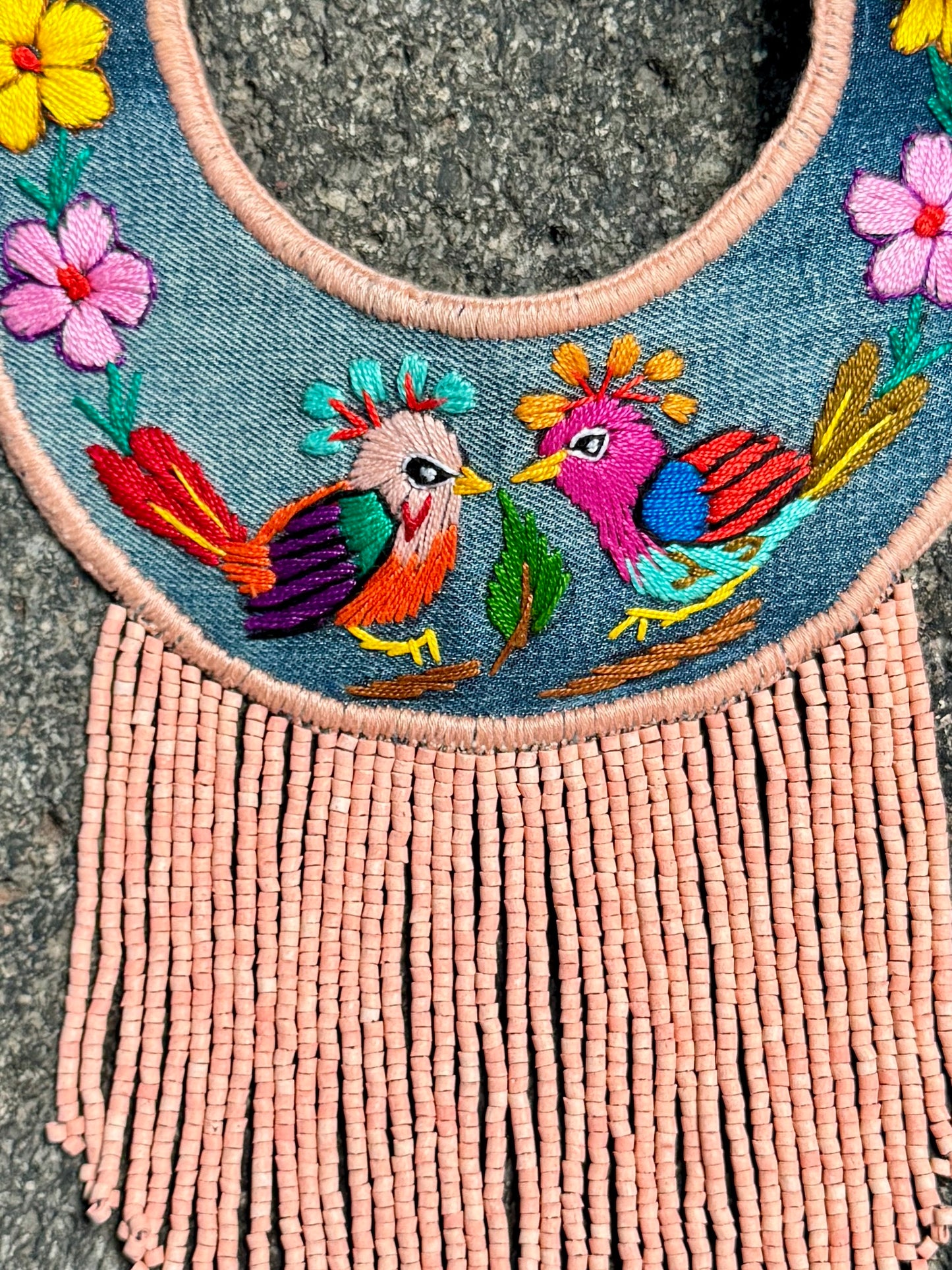 Bib Necklace with Guatemalan Bird Embroidery from Santiago with Ceramic Bead Fringes, pink