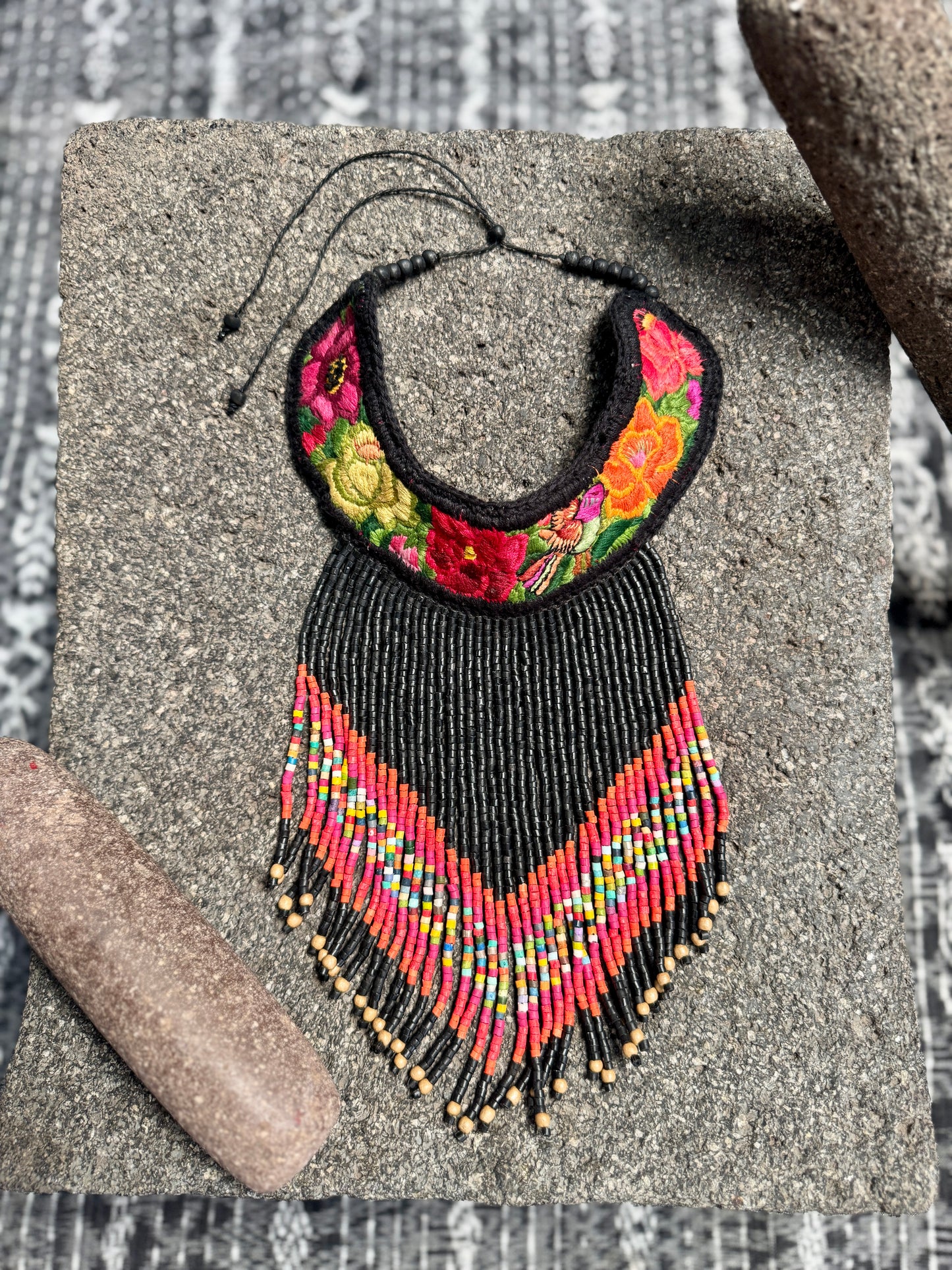 Bib Necklace with Guatemalan Floral Embroidery from Patzun with Ceramic Bead Fringes, black