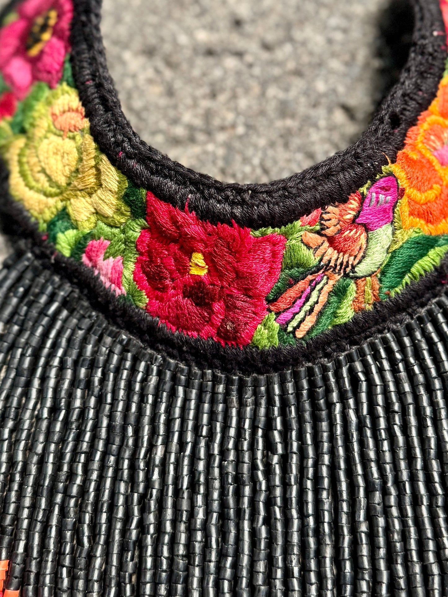 Bib Necklace with Guatemalan Floral Embroidery from Patzun with Ceramic Bead Fringes, black
