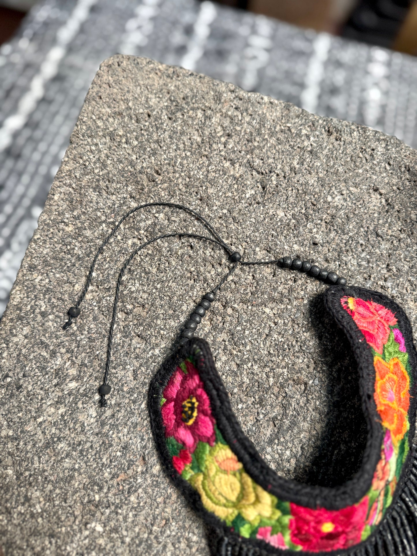 Bib Necklace with Guatemalan Floral Embroidery from Patzun with Ceramic Bead Fringes, black