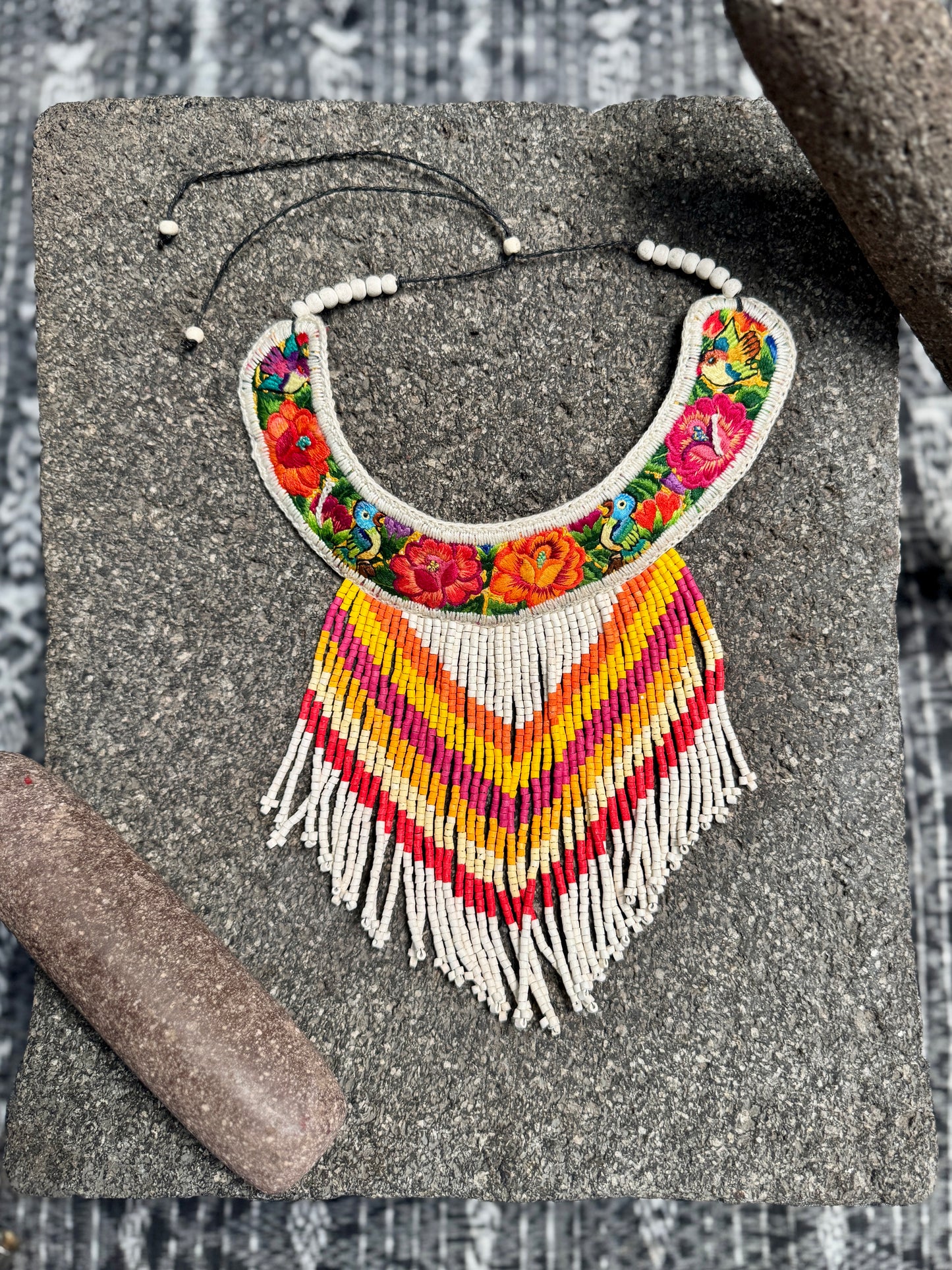 Bib Necklace with Guatemalan Floral Embroidery from Patzun with Ceramic Bead Fringes, white & yellow