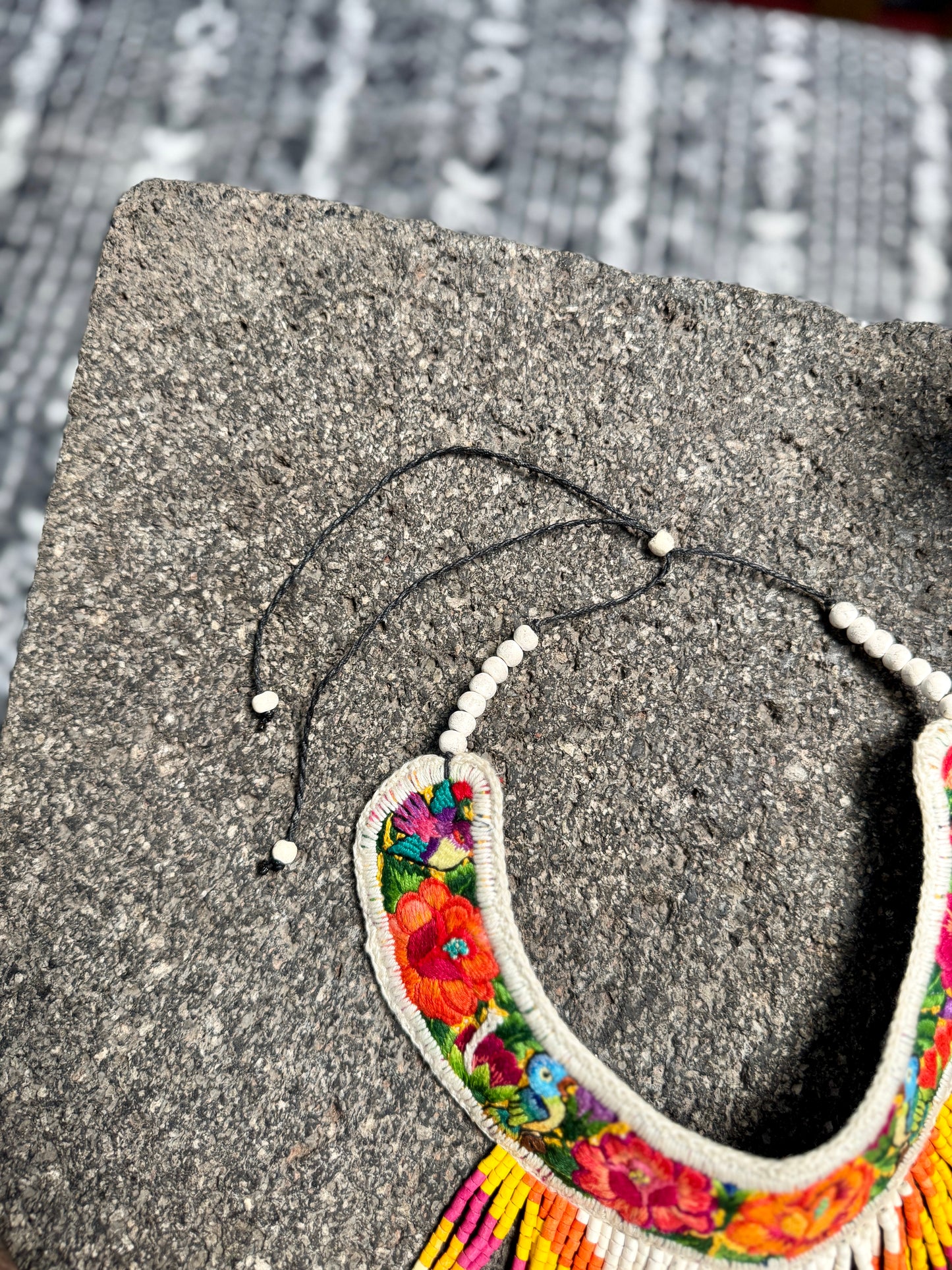 Bib Necklace with Guatemalan Floral Embroidery from Patzun with Ceramic Bead Fringes, white & yellow