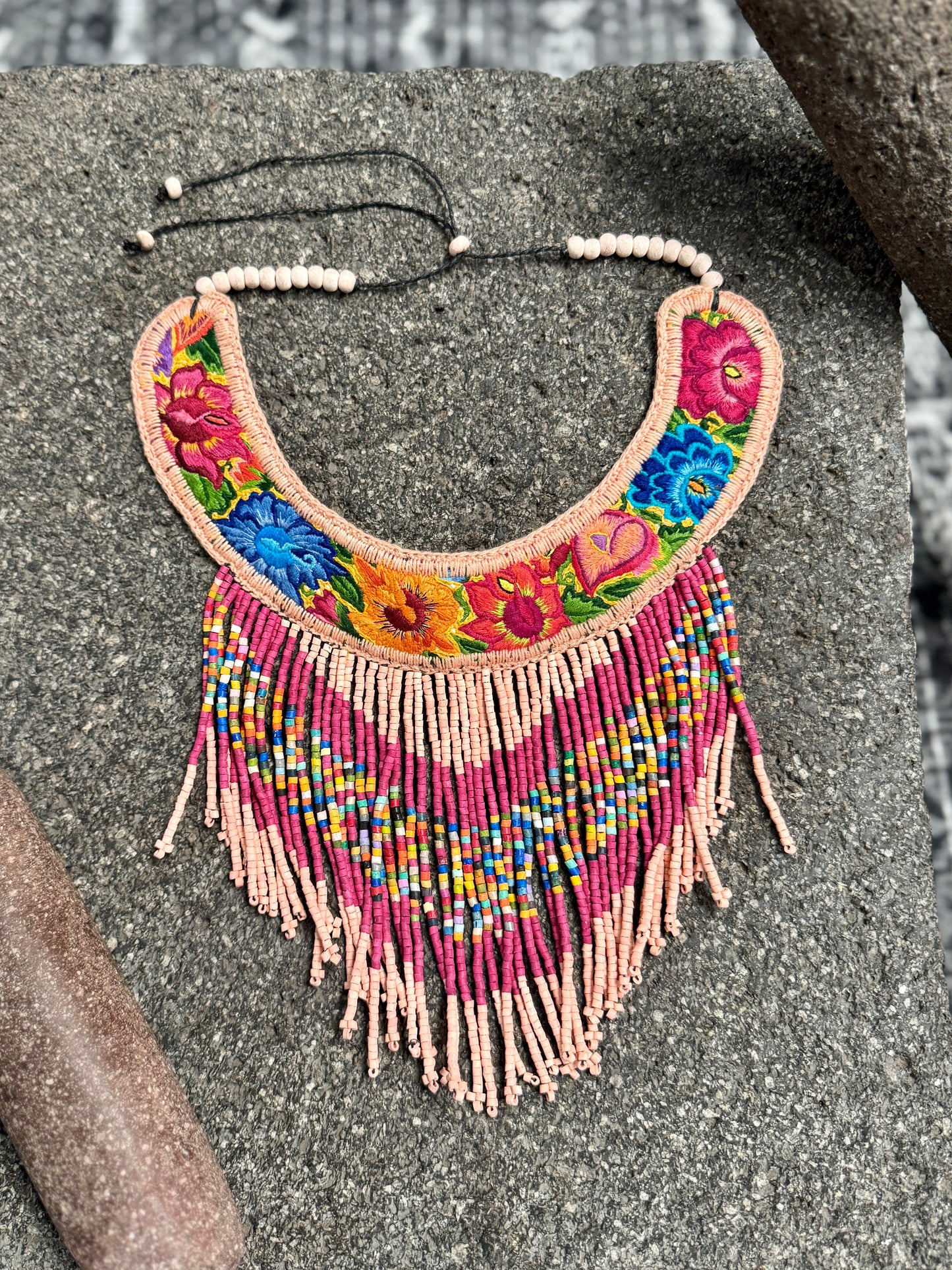 Bib Necklace with Guatemalan Floral Embroidery from Patzun with Ceramic Bead Fringes, pinks