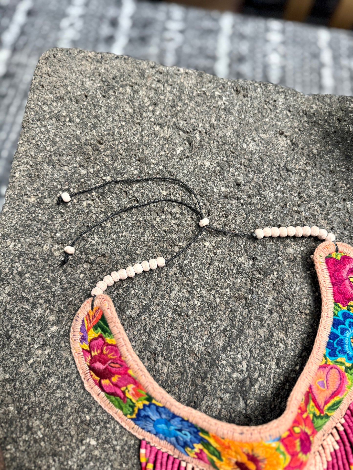Bib Necklace with Guatemalan Floral Embroidery from Patzun with Ceramic Bead Fringes, pinks
